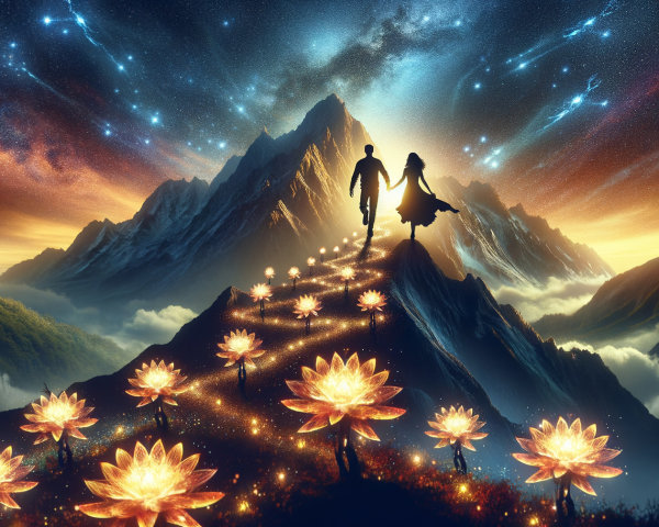 Couple Walking on Colorful Mountain Path with Lotus Flowers