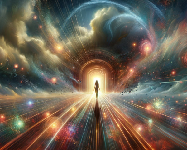 Figure at a Glowing Portal in a Cosmic Landscape