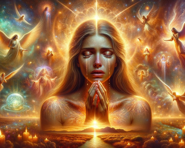 Serene Woman with Tears and Ethereal Angels