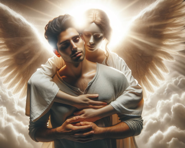 Serene Angel Embraces Contemplative Young Man