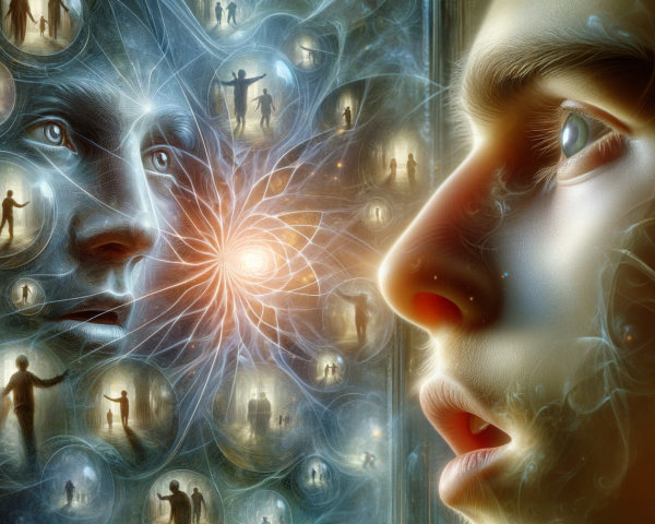 Surreal Close-Up of Face with Ethereal Pattern and Figures