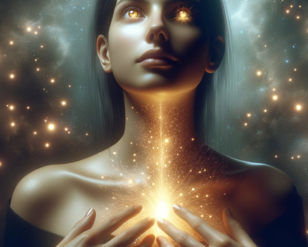 Mystical Figure in Cosmic Backdrop with Golden Light