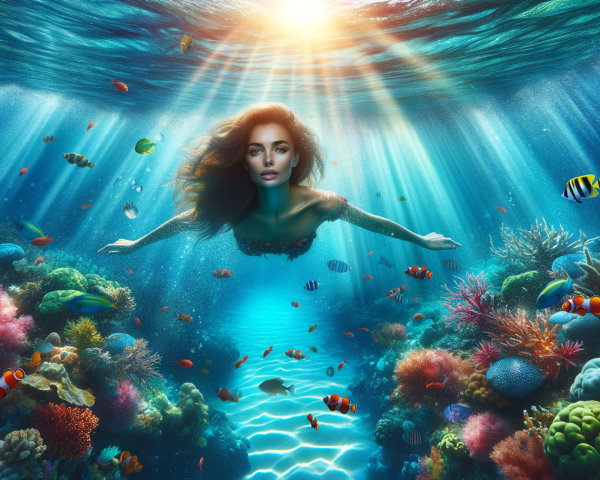 Underwater Scene of a Woman Swimming Among Coral Reefs