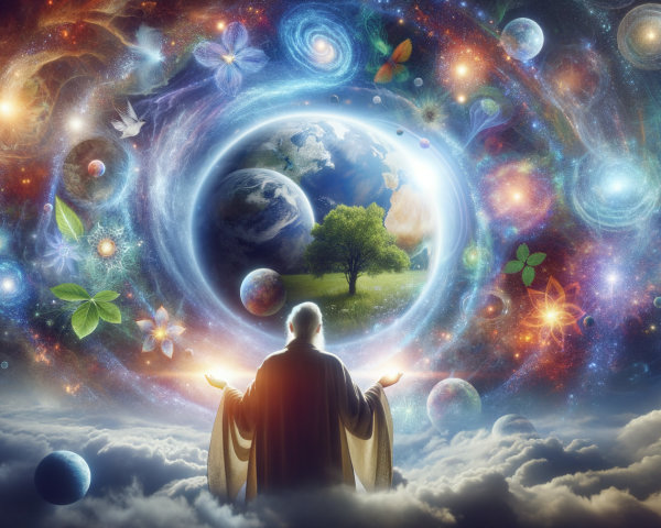 Cosmic Scene with Figure and Lush Landscape Portal