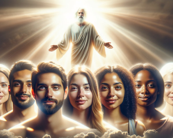 Divine Figure Surrounded by Diverse Group in Light
