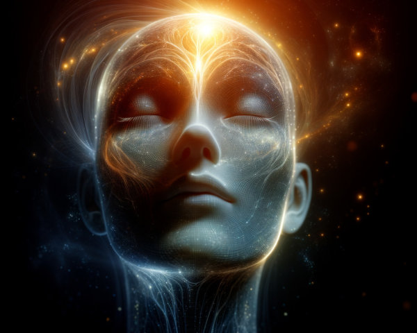 Serene Figure Surrounded by Luminous Energy Patterns