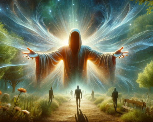 Hooded Figure in Mystical Landscape with Ethereal Light