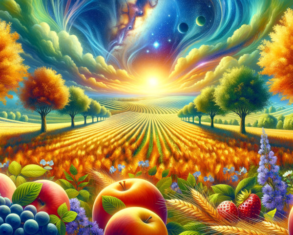 Vibrant Autumn Farm Scene with Fruits and Trees