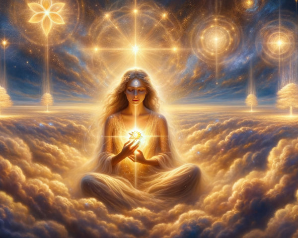 Serene figure in clouds with radiant flower and stars