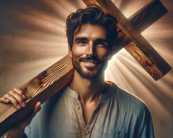 Smiling man with brown hair holding a wooden cross