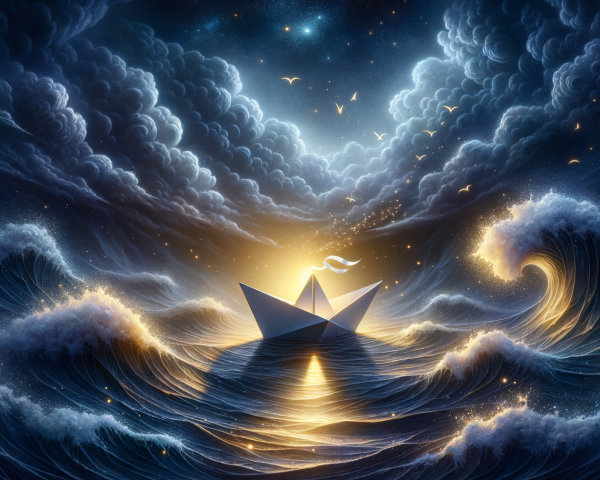 Paper Boat on Waves Under Dramatic Sky and Clouds