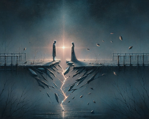 Figures on Opposite Sides of a Misty Chasm