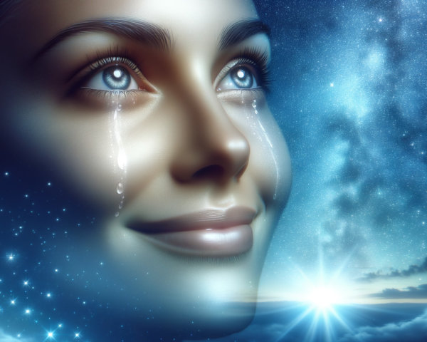 Close-Up of Woman's Face at Dawn with Starry Sky