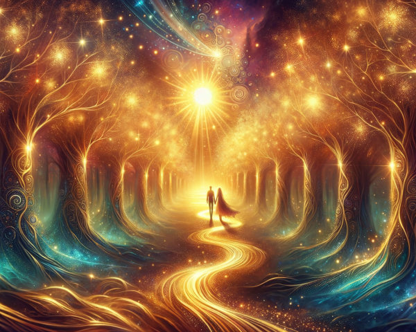 Mystical forest with glowing light and silhouettes walking