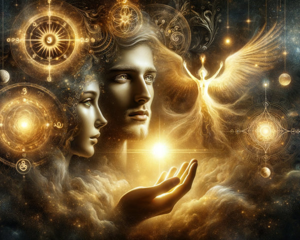 Cosmic Scene with Merged Faces and Mystical Symbols