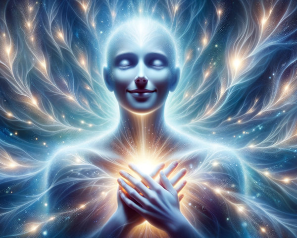 Serene figure with glowing aura and ethereal light patterns