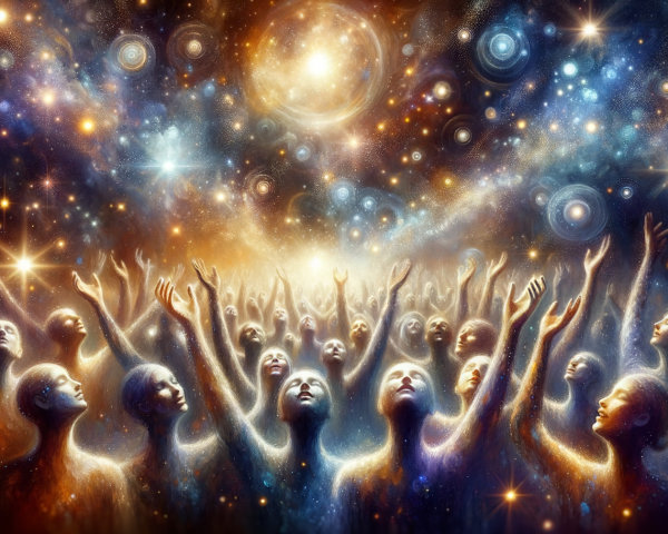 Cosmic Scene with Ethereal Figures and Shimmering Galaxy