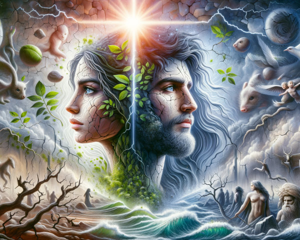 Dual Portrait of Man and Woman with Nature Elements