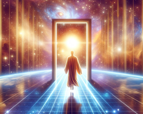 Cosmic Vista with Figure and Glowing Doorway