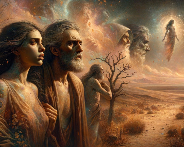 Surreal Landscape with Figures and Contemplative Emotions