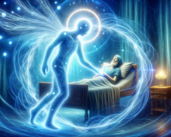Luminous Figure with Wings in Mystical Bedroom Scene