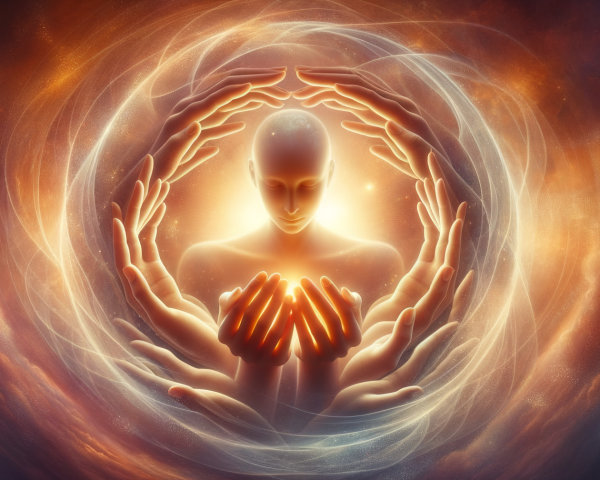 Serene Figure in Cosmic Swirl with Ethereal Hands