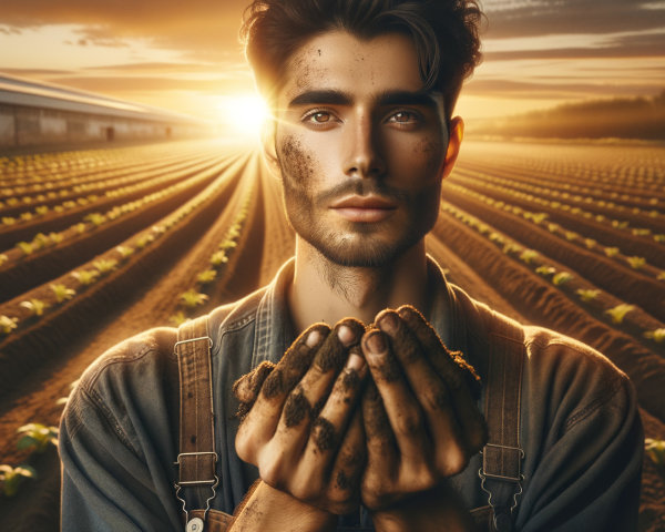 Young man in farm field with fresh crops at sunset