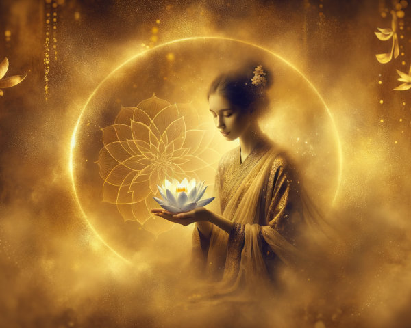 Serene figure with lotus in golden aura and mandala
