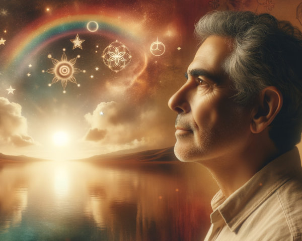 Contemplative Man at Sunrise with Cosmic Imagery