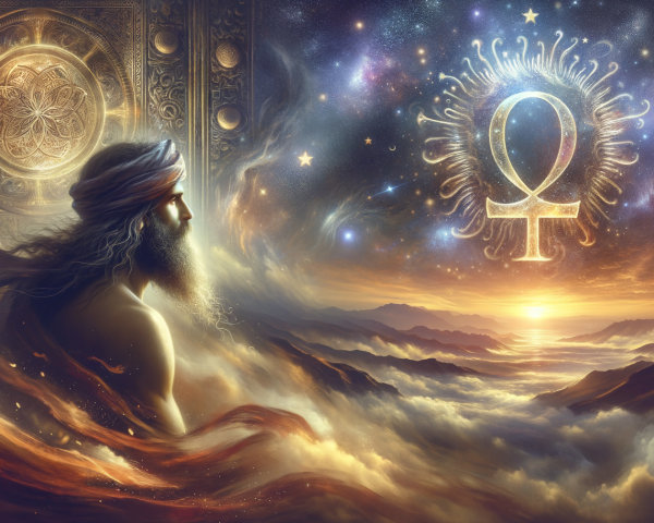 Mystical Landscape with Wise Figure and Cosmic Elements