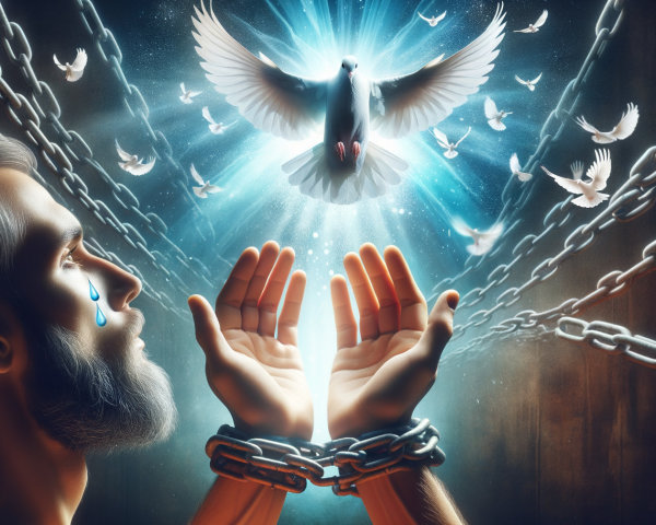 Man in Chains Gazes Upward with Tear and Doves