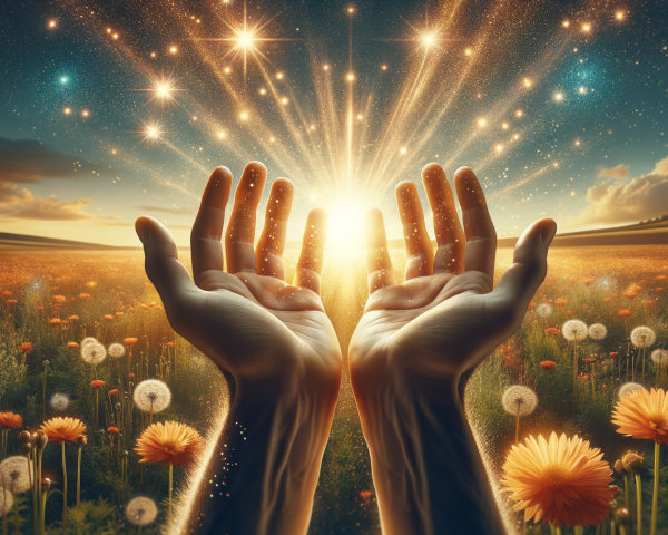 Vibrant Field with Hands Embracing Sparkling Light