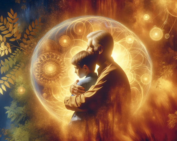 Elderly Man and Boy in Enchanted Colorful Landscape