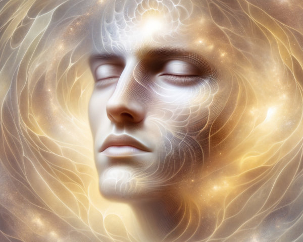 Ethereal Face Surrounded by Glowing Cosmic Patterns