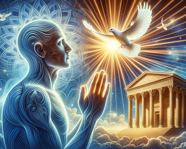 Serene Figure in Prayer with Light and Dove Symbolism