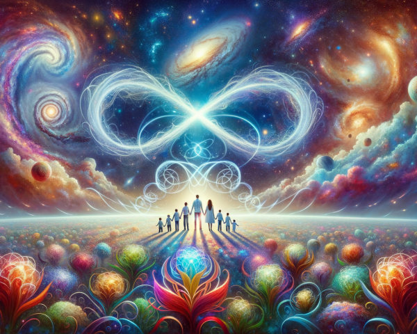 Vibrant Cosmic Scene with Silhouetted Figures and Flowers