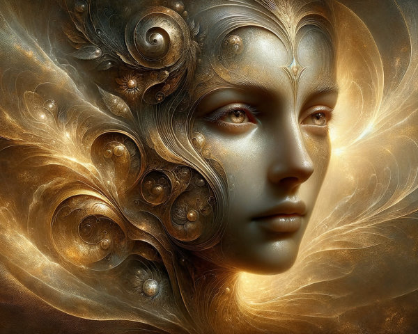 Ethereal Face Surrounded by Golden Light and Patterns