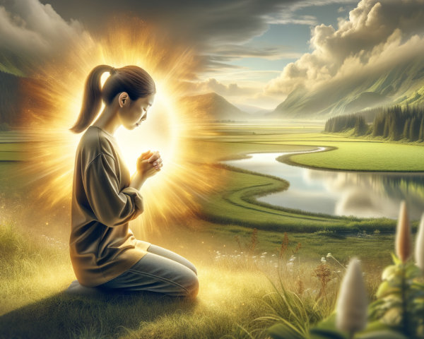 Serene Landscape with Hills, River, and Prayerful Woman