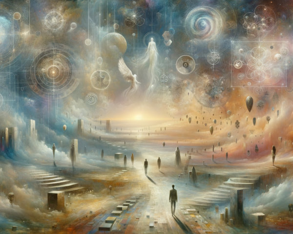 Surreal Landscape with Ethereal Figures and Celestial Objects