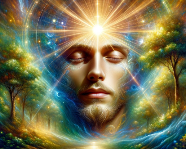 Serene Face in Cosmic Landscape with Spiritual Elements