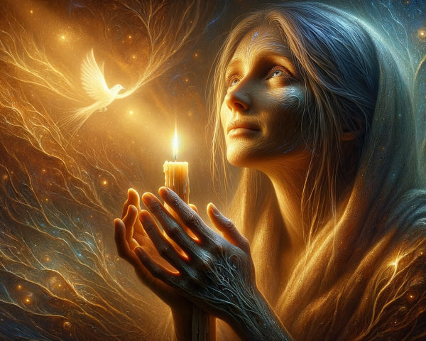 Ethereal Scene of a Woman with Candle and Dove