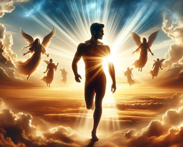 Angelic Ascent with Youthful Androgynous Figure in Clouds