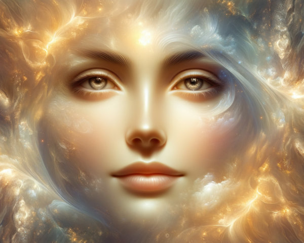 Ethereal face in a cosmic, luminous backdrop