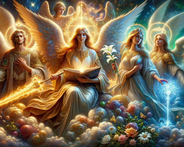 Celestial Scene with Four Majestic Angels and Stars
