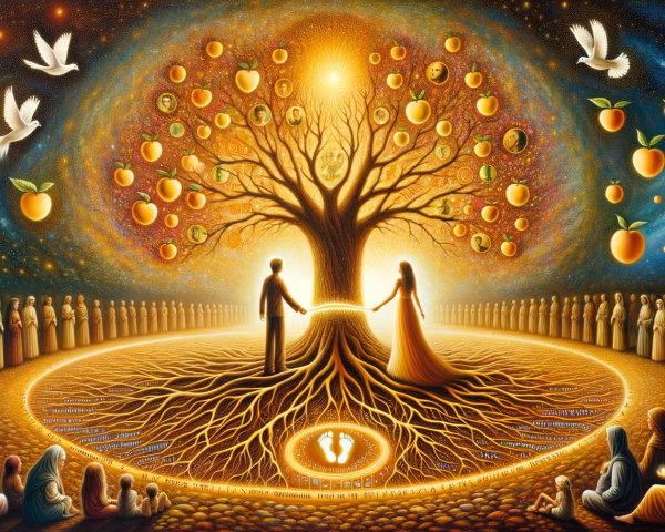 Surreal Scene of a Luminous Tree and Ethereal Figures