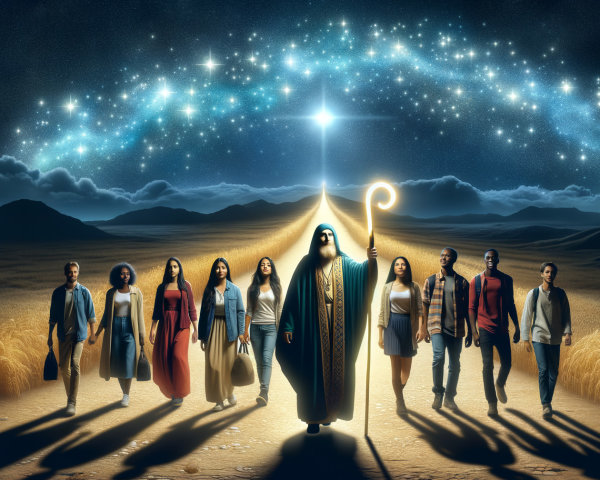 Group of Individuals in Golden Landscape Under Stars
