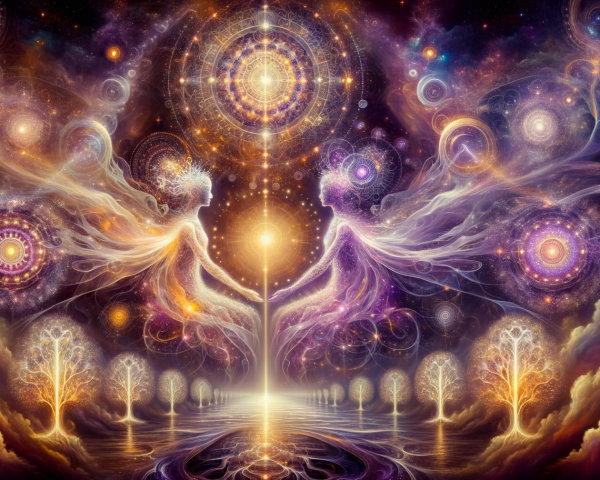 Mystical Scene with Vibrant Colors and Ethereal Figures