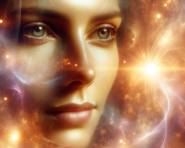 Close-up of a woman's face with cosmic background