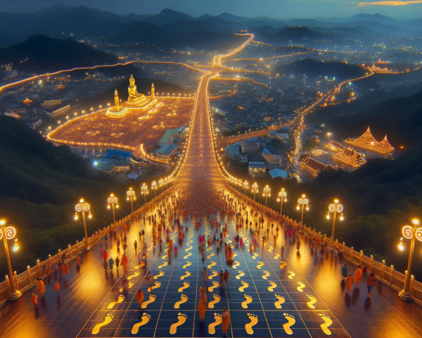 Illuminated Golden Pathway with Buddha Statue at Night