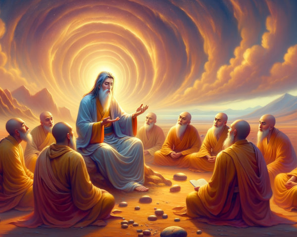 Elderly Men in Desert Landscape at Sunset Scene